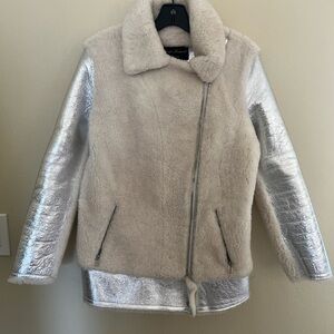 Linda Richards luxury Cream and Silver Leather & Sherpa Moto Style jacket